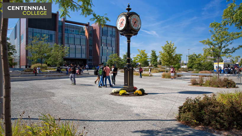 picture of the centennial college progress campus courtyard and the alumni clock tower