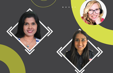 Headshot of three women Duja Sebastian, Harminder Saini and Ella Bates smiling at the camera.