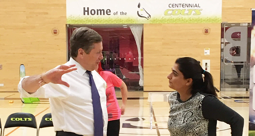 Picture of John Tory and Sana Mir playing cricket