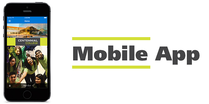 picture of the centennial college mobile app on a phone