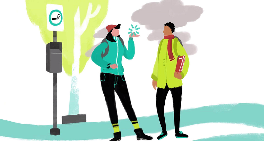 Illustrated picture of two students going smoke free while standing outside.