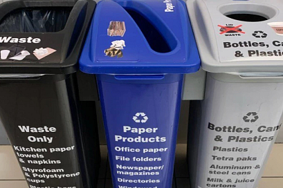 three sort garbage and recycling bins