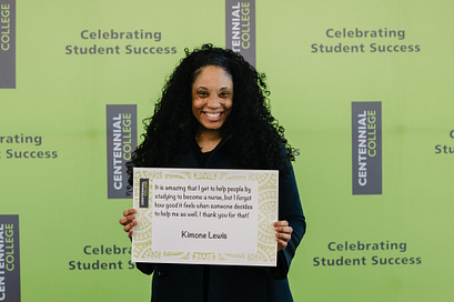 centennial college scholarship recipient kimone lewis smiling in a graduate gown