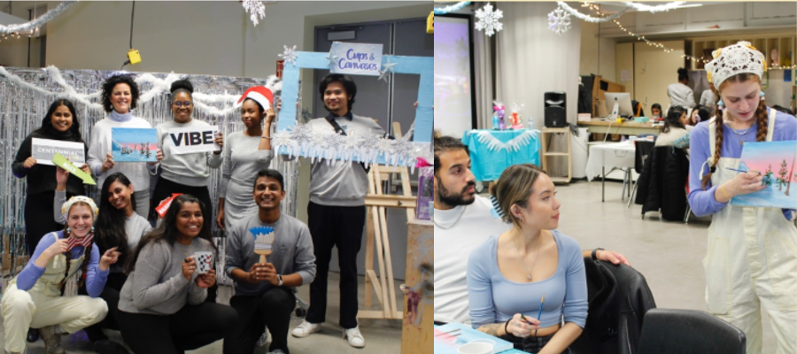 Students participating in Cups and Canvases, a winter-themed paint and sip night, partnering with VIBE Arts