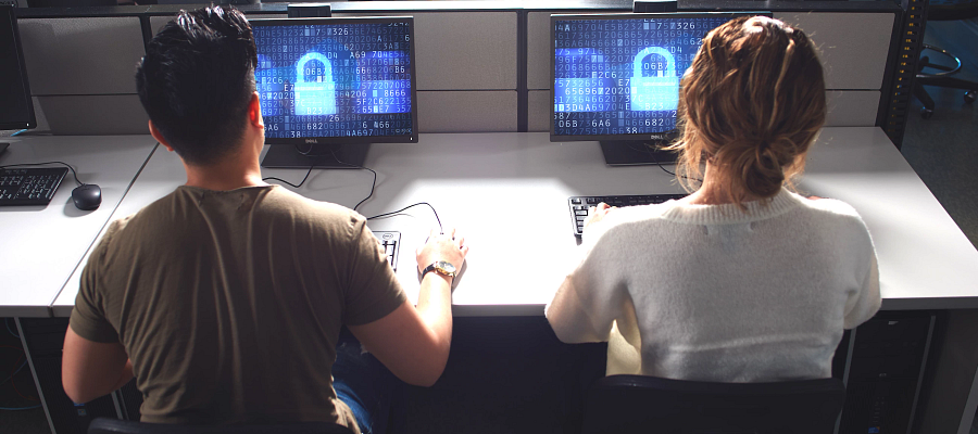 A female and male sitting at their workstations looking at their computer screens that shows a padlock symbol indicating their data is locked.