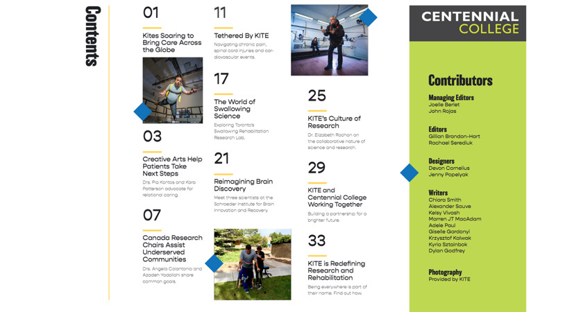 An image highlighting information on the collaboration of Centennial College and Kiteworks, an organization associated with KITE – UHN, a world leader in rehabilitation science