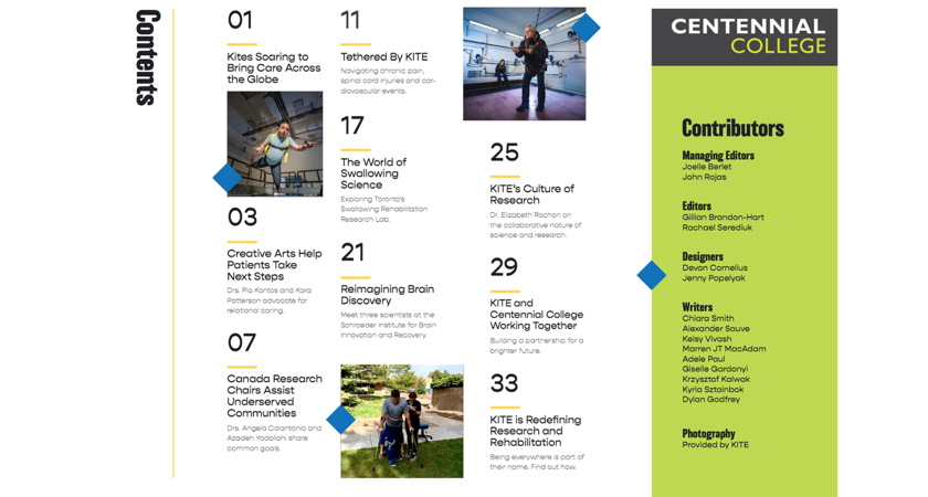 An image highlighting information on the collaboration of Centennial College and Kiteworks, an organization associated with KITE – UHN, a world leader in rehabilitation science