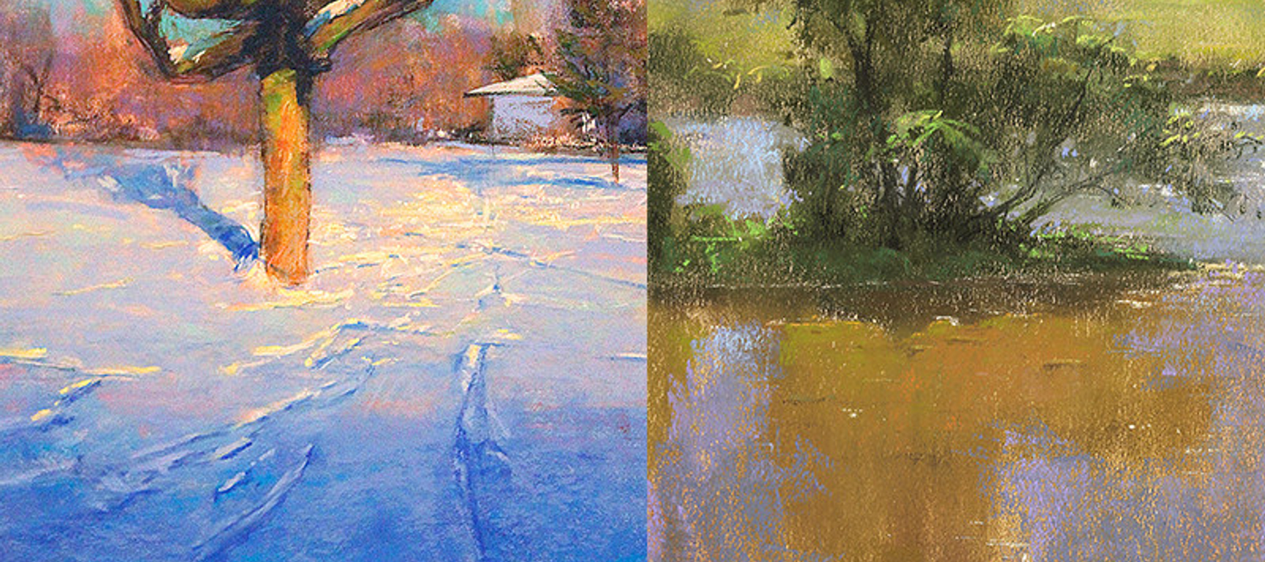 two paintings from dalibor dejanovic's book depicting a tree in the winter and one in a pond during the summer