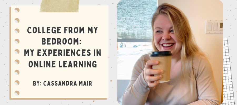 Article title card with student writer drinking coffee