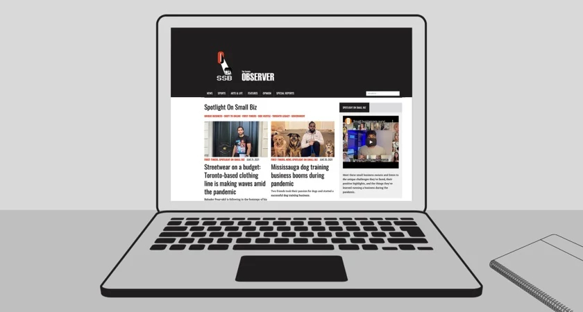 graphic of a laptop with the toronto observer website on the screen