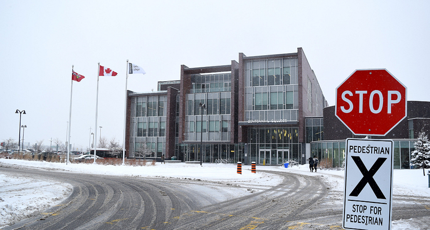 Progress Campus building exterior in the winter