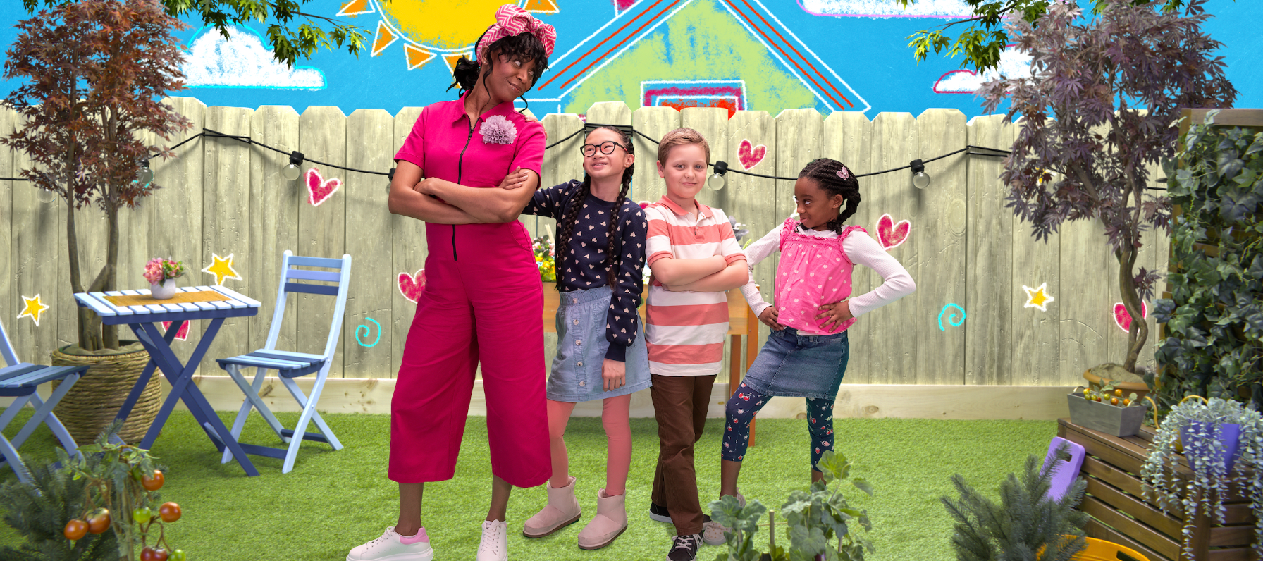 Khalilah Brooks and a cast of three kids standing from a scene from Aunty B's House on CBC