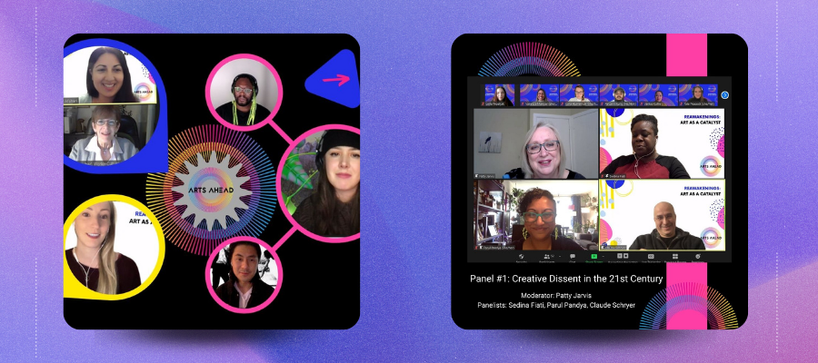 Two pictures of the 2022 Arts Ahead Symposium Panel Members and Attendees on a Zoom call