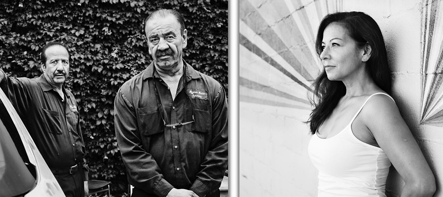 Two black and white pictures of people attending the multi-media international exhibition
