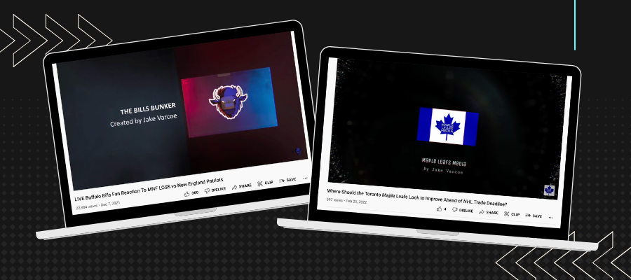 A picture of two laptops showing Jacob Varcoe's Bills Bunker and Maple Leafs Media on YouTube