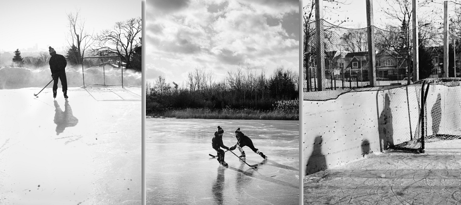 Three black and white pictures of two kids playing ice hockey at an ice rink
