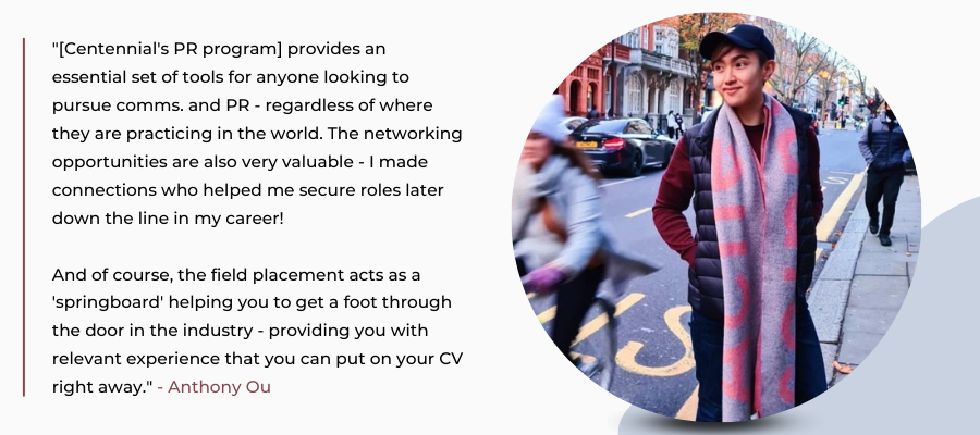 A picture of Anthony Ou, a Public Relations Graduate with one of his quotes