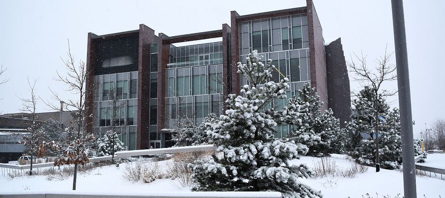 Progress campus building exterior in winter
