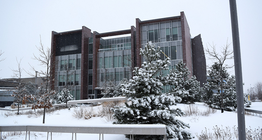Progress campus building exterior in winter