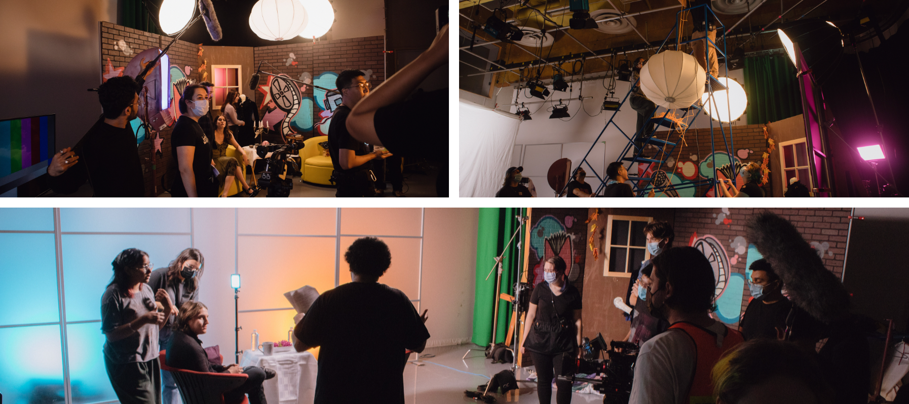 Three different pictures of a video shoot of the show, The Director