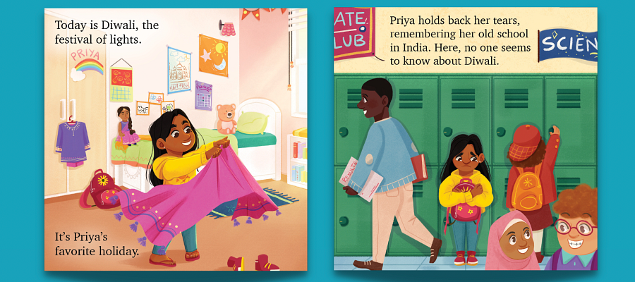 A picture of Diwali in My New Home, an illustrated children’s book written by Shachi Kaushik, a 2021 graduate of our Children’s Media program