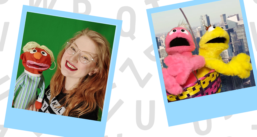 A picture with two images of Cheyenne McLean, playing and acting out a skit with hand puppets