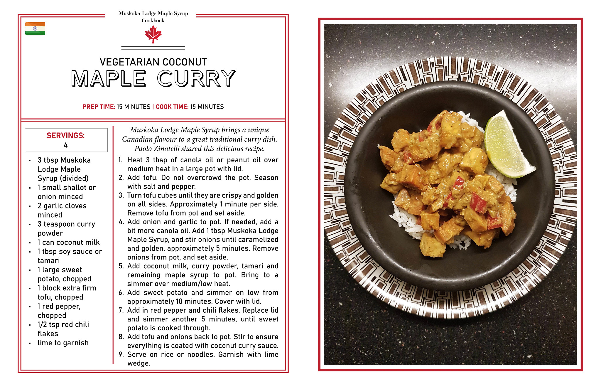Two images with the recipe and the final product of Vegetarian Coconut Maple Curry