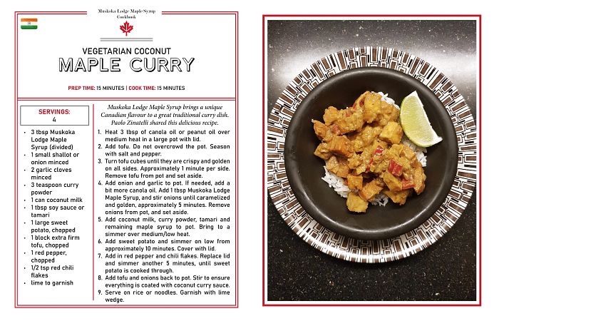 Two images with the recipe and the final product of Vegetarian Coconut Maple Curry