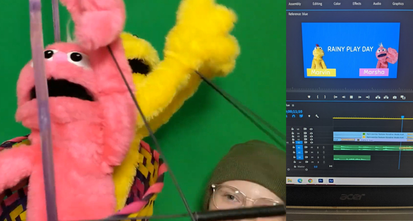 A picture with two images of Cheyenne McLean, acting out a skit with hand puppets in front of a green screen and recording it
