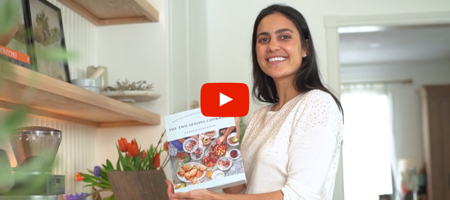 A video of Hannah Sunderani promoting her cookbook, The Two Spoons Cookbook