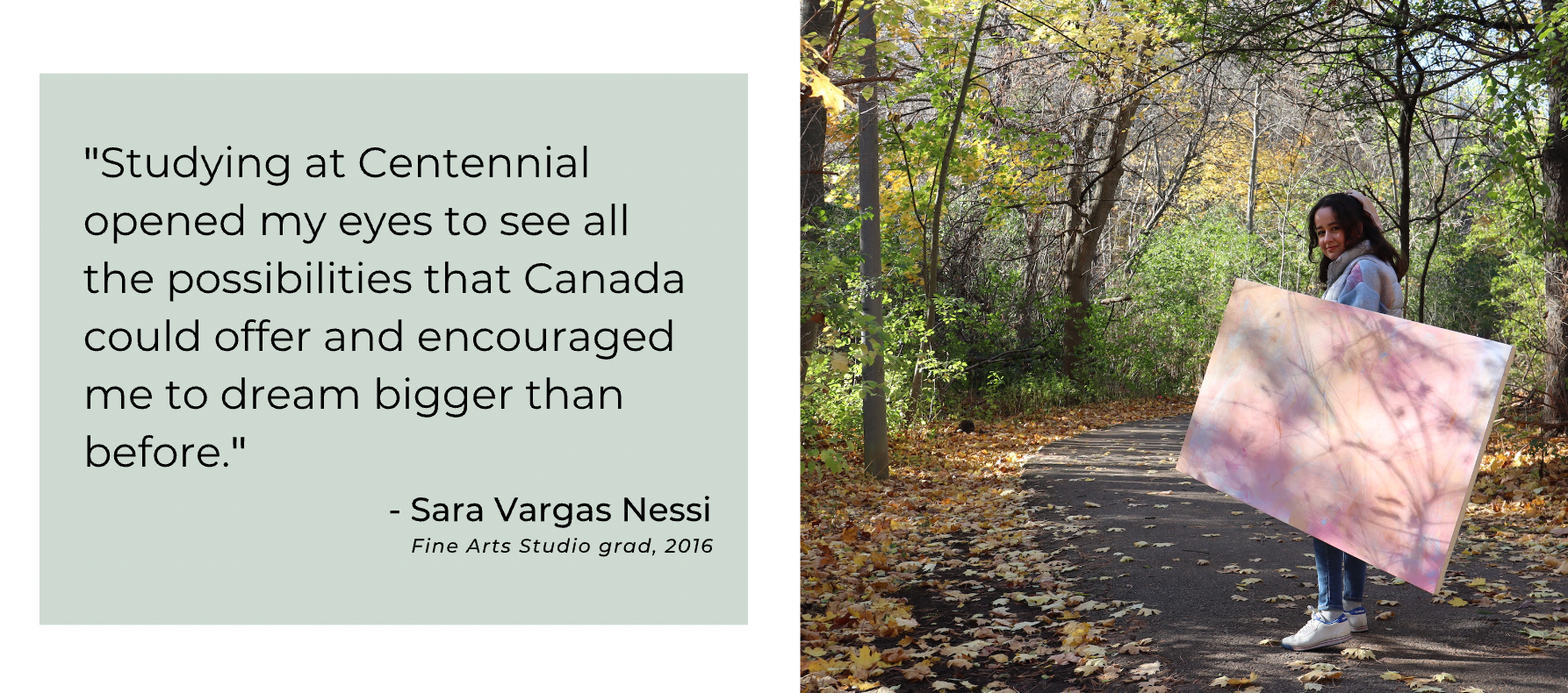 A quote from Sara Vargas Nessi beside a picture of a girl standing on a forest pathway holding a painting