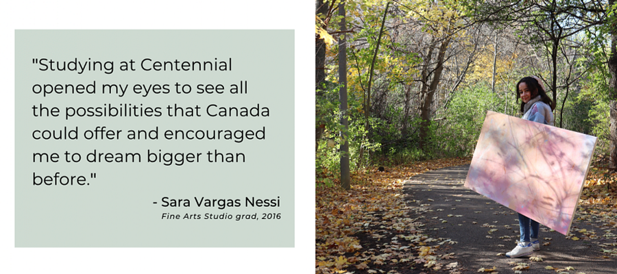 A quote from Sara Vargas Nessi beside a picture of a girl standing on a forest pathway holding a painting