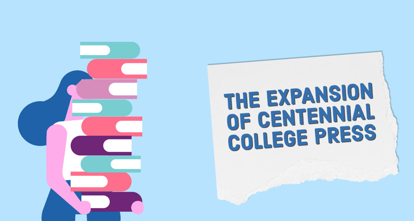 An image of a lady carrying a stack of books beside text that reads, The Expansion of Centennial College Press