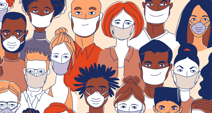illustration of people wearing masks to prevent spreading covid-19