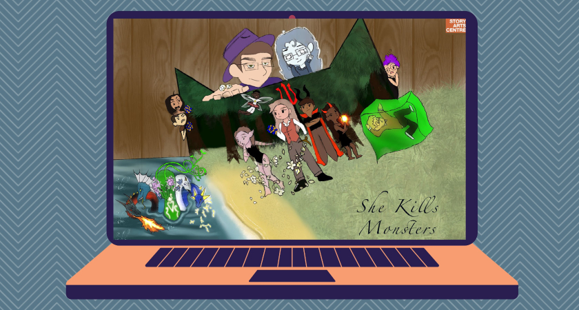 graphic of a laptop with an illustration of a poster for the virtual theatre performance show she kills monsters