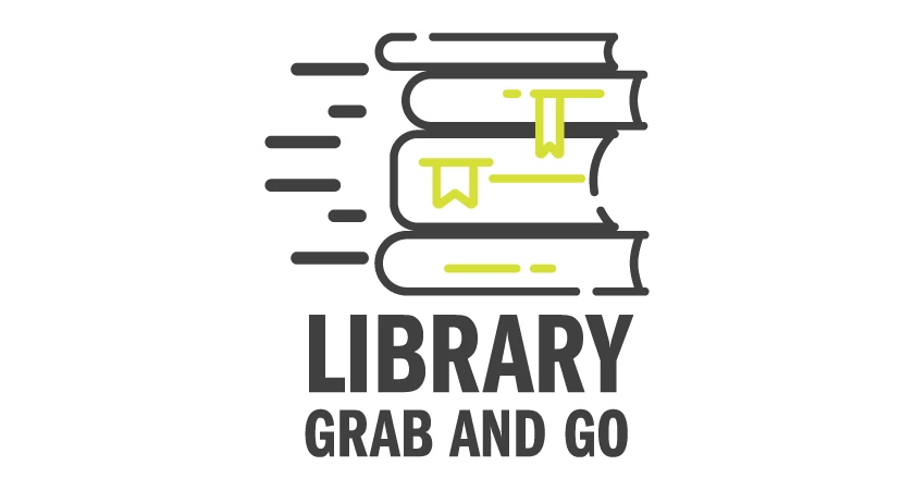 graphic of books in motion with the caption library grab and go