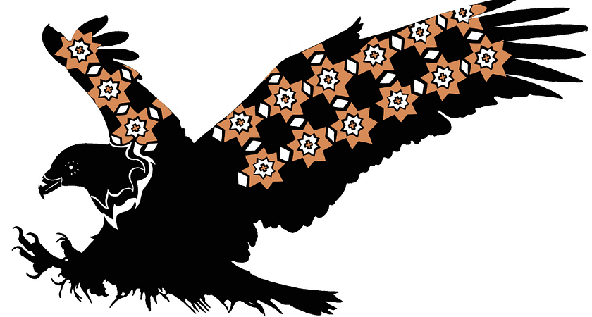 Picture of an eagle silhouette with and orange and white pattern on its widespread wings