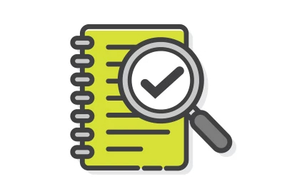 A graphic icon of a document and a magnifying glass