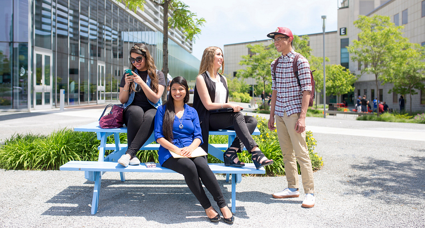 picture of students in the centennial college progress campus courtyard