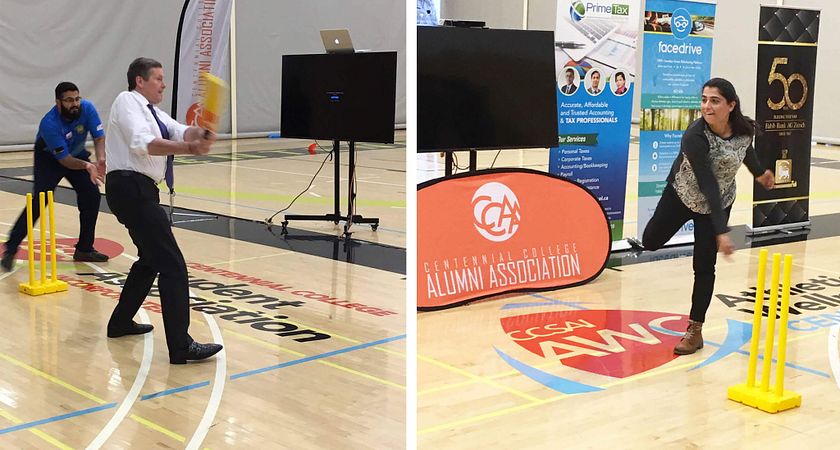 Picture of Mayor John Tory and Sana Mir playing cricket