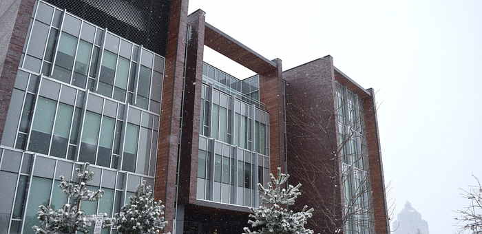 Progress Campus library building exterior in the winter