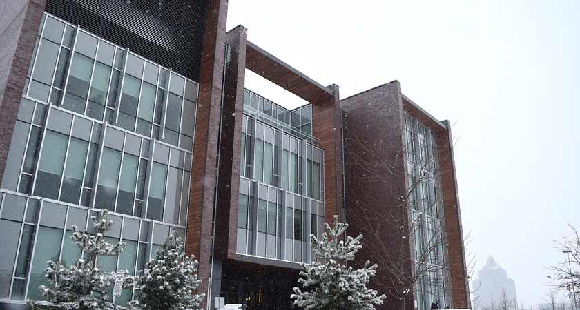 Progress Campus library building exterior in the winter