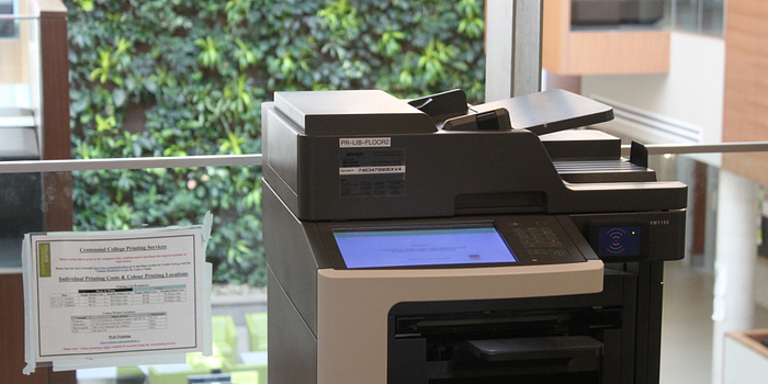 picture of a printer in the centennial college progress campus library