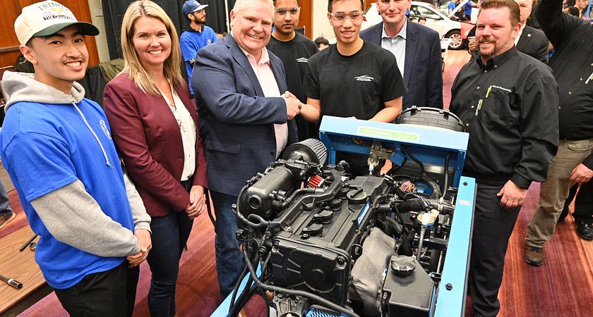 Photo of Centennial College students, Dr. Craig Stephenson, Centennial College professors with Premier Doug Ford